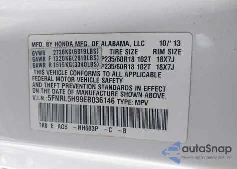 2014 Honda Odyssey Touring/Touring Elite from USA, damaged, VIN 5FNRL5H99EB036146